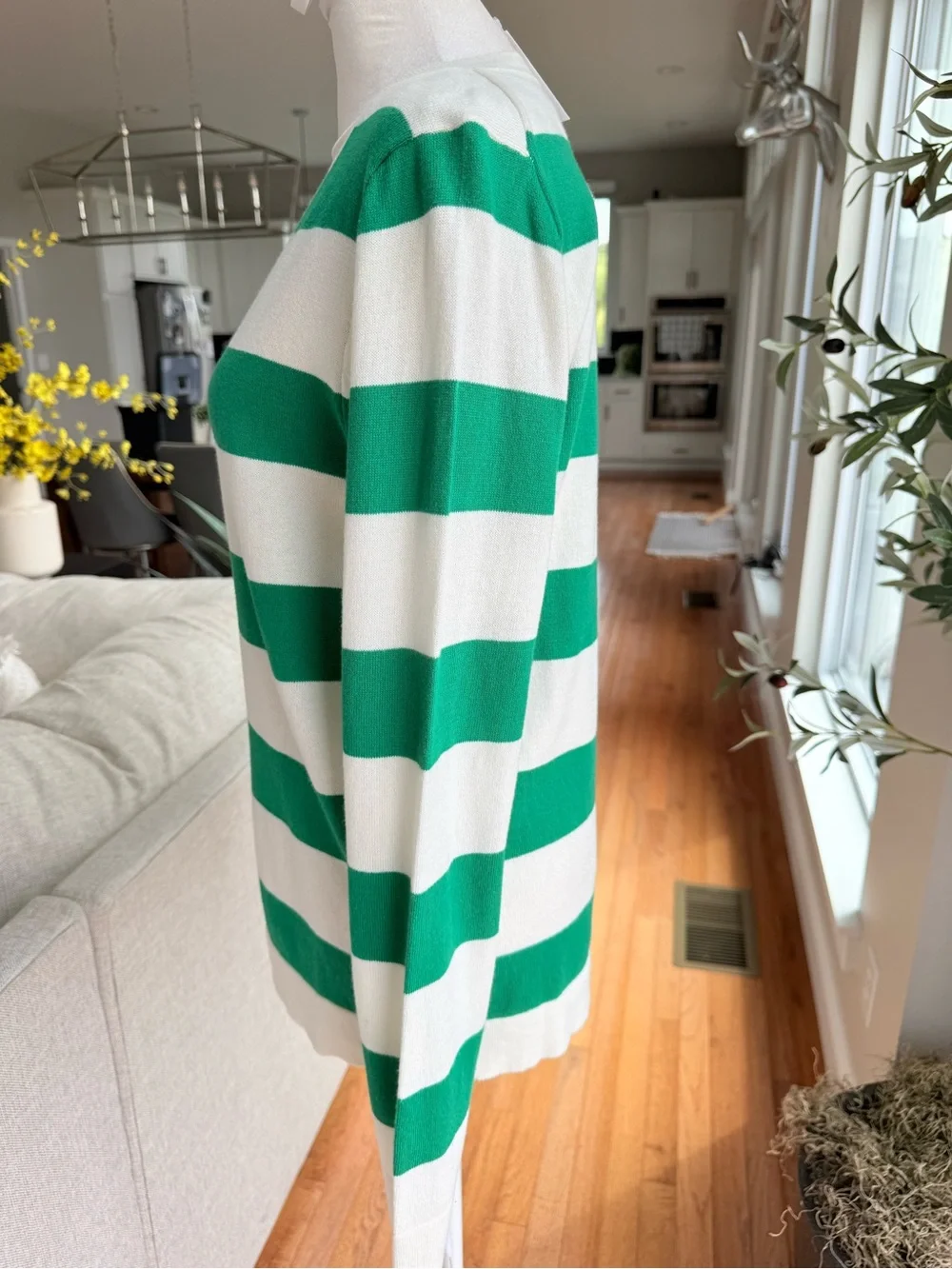 J. Crew Green and White Striped Scoop-Neck Sweater